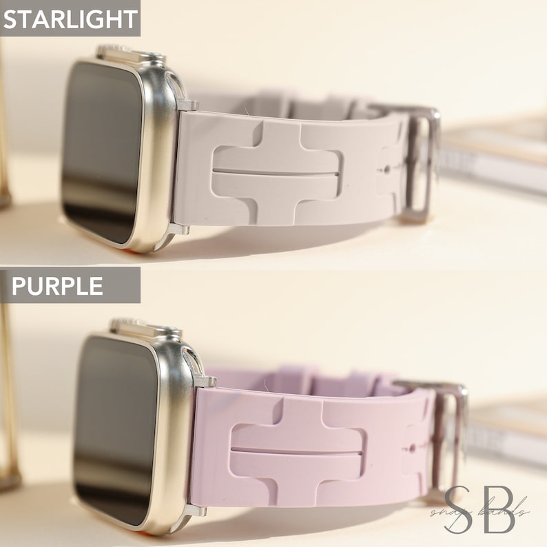 Two Apple Watch bands in different colors. The top band is a light gray color and the bottom band is a light purple color. Both bands have a textured design and are made of silicone.