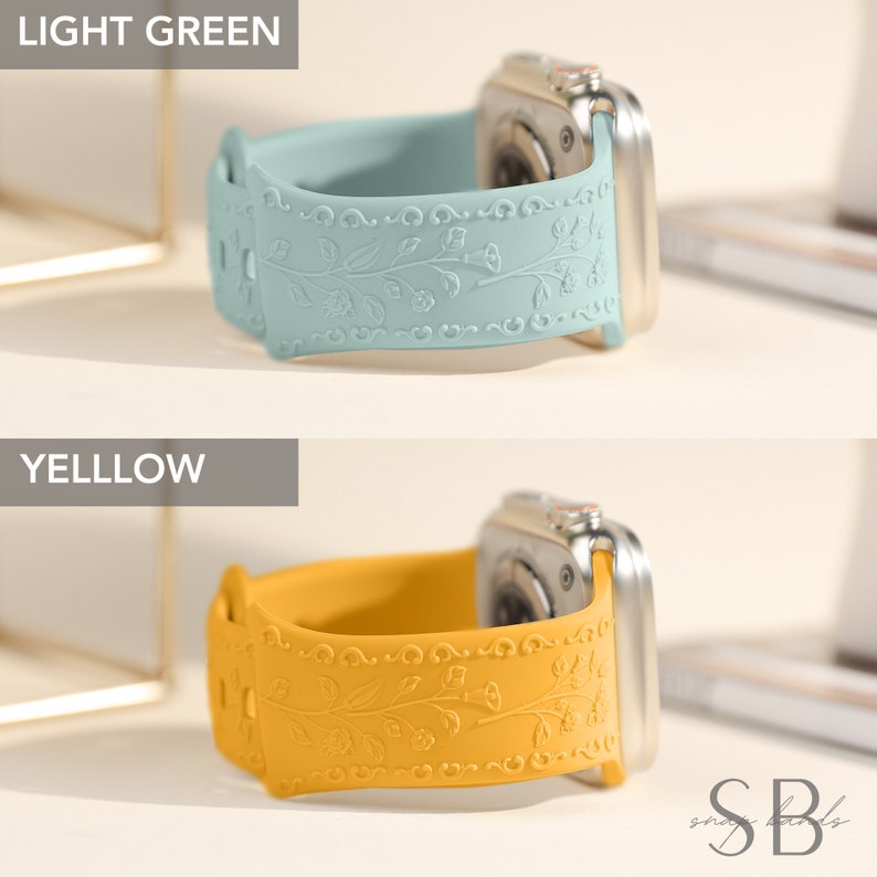 Two Apple Watch bands with a floral design. The band on the left is light green and the band on the right is yellow.