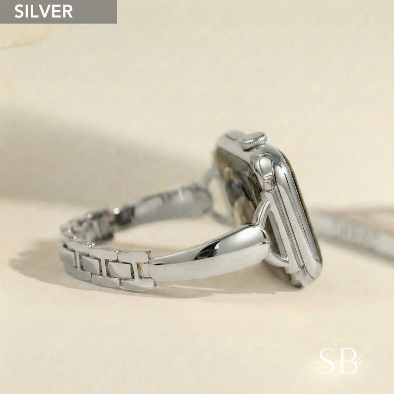 A silver watch with a matching link band. The watch face is rectangular with rounded corners. The band is made of small, rectangular links. The word "SILVER" is in a gray box in the upper left corner.